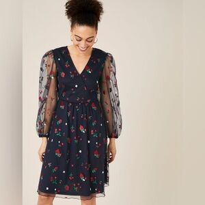 Monsoon Zariah strawberry embroidered wrap dress blue Size 12